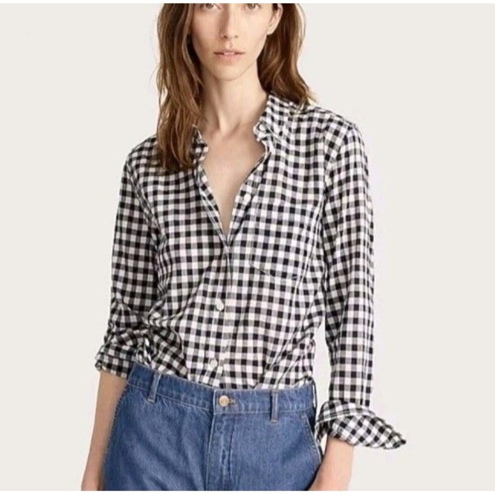J.Crew Classic Navy White Gingham Button Down Shirt Stretch Cotton Size 16 EUC